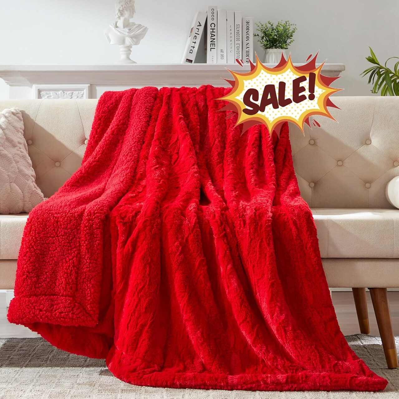 Faux Fur Sherpa Throw Blanket for Couch, 50"x60" Red Christmas Sherpa Fleece Reversible Soft Fuzzy Fluffy Shaggy Blankets for Sofa Bed Home Decor